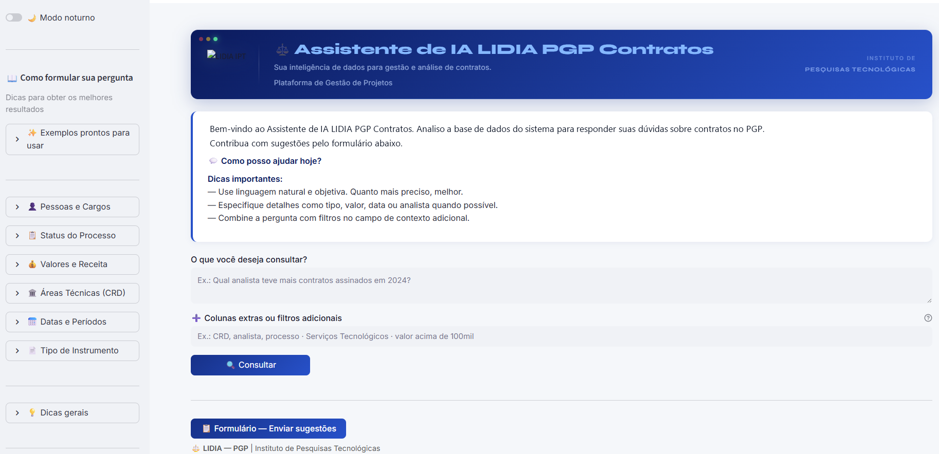 Assistente LIDIA PGP Contratos: aplicação funcional de IA à consulta e análise de informações de contratos.