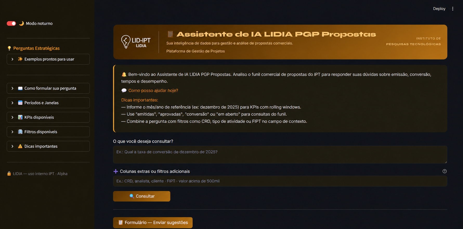 Assistente LIDIA PGP Propostas: aplicação funcional de IA à elaboração e análise de propostas comerciais.