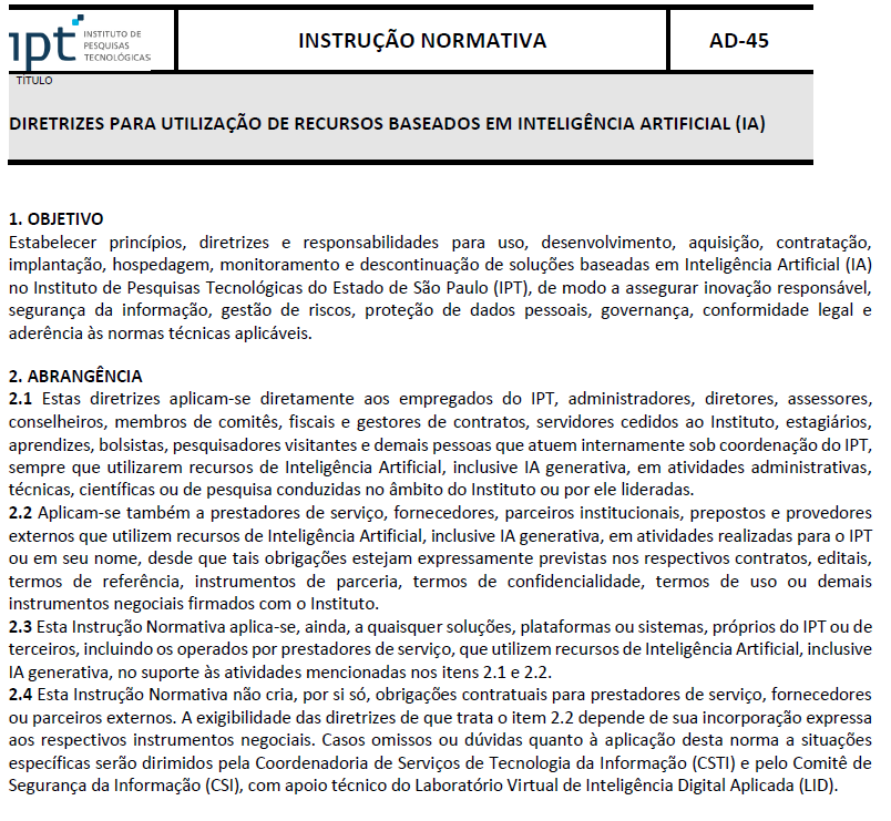 Trecho da Instrução Normativa AD-45 do IPT sobre uso, desenvolvimento, implantação e governança de soluções de inteligência artificial.