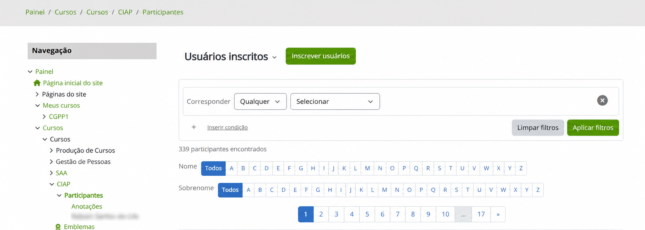 Tela do AVA mostrando o total agregado de 339 participantes encontrados.