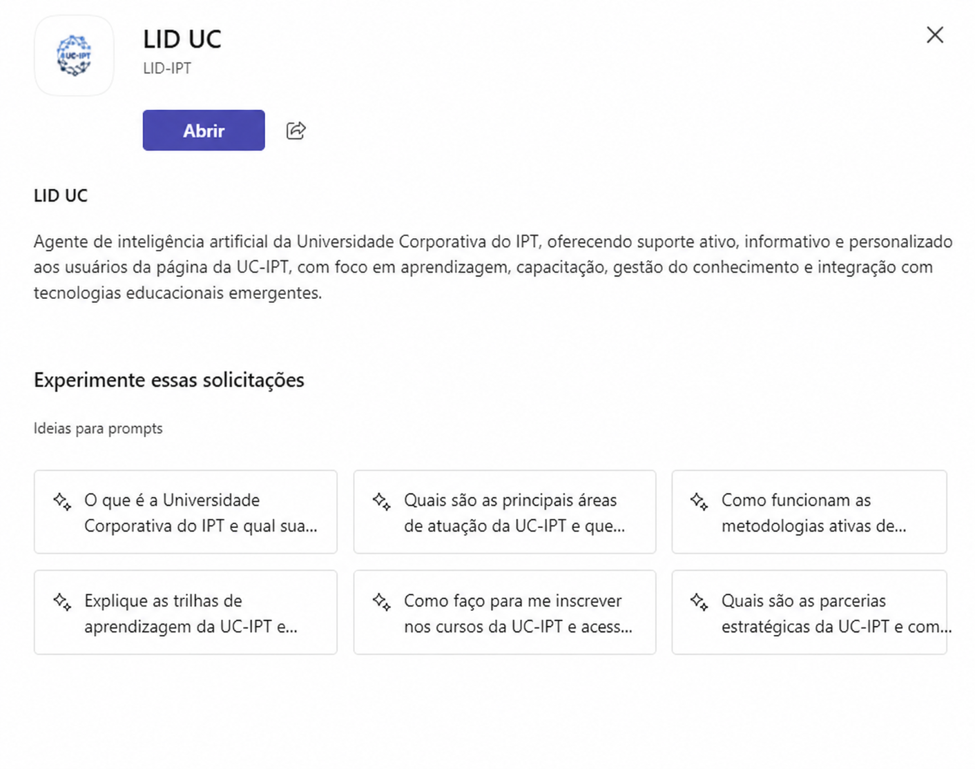 Agente de IA da Universidade Corporativa integrado ao Teams para orientar aprendizagem, cursos e gestão do conhecimento.